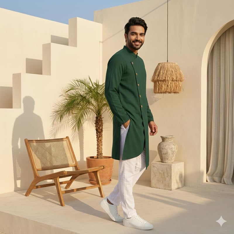 Image of OOMPH! Men's Ethnic Traditional Asymmetric Kurta Polycotton Regular Fit | High Neck Full Sleeves | Traditional Indian Festive Kurta | Stylish Casual and Wedding