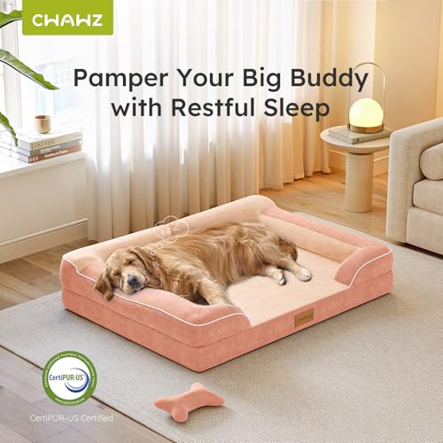 Image of CWAWZ Extra Large Dog Bed, Orthopedic Dog Bed with Cooling Gel Memory Foam, Waterproof XL Pet Bed with Removable Washable Cover, 42 inch Pet Sofa Couch Dutch Velvet with Bone Toy, Peach Pink