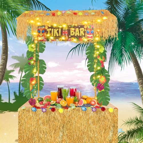WUEURU Tiki Bar Hut Kit, Luau Tropical Tabletop Tiki Hut and Bar, Includes Tiki Bar, Banner, Roof, Palm Leaves, Flower Garland and Table Skirt for Summer Party, Luau Party Decorations
