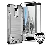 TJS Case for LG Aristo 2/Aristo 2 Plus/Aristo 3/Aristo 3 Plus/Tribute Dynasty/Tribute Empire/Fortune 2/Rebel 3 LTE [Full Coverage Tempered Glass Screen Protector] Metallic Brush Phone Cover (Grey)