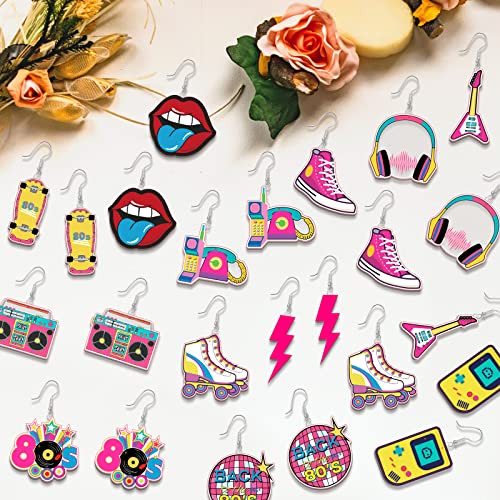 12 Pairs 80s Retro Earrings 1980s Neon Earrings for Women 80s Costume Earrings Pendant Acrylic Drop Dangle Retro Jewelry Accessories for Women Ladies Gift3