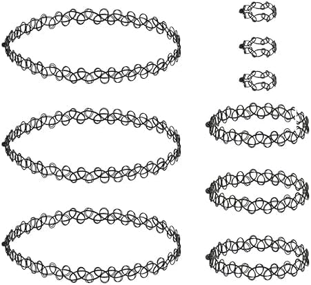 90s Tattoo Choker Necklace, Bracelet & Ring Set – 9 Pieces Black Stretch Gothic Jewelry (3 Necklaces, 3 Bracelets, 3 Rings) – Retro Grunge Aesthetic Accessories for Women