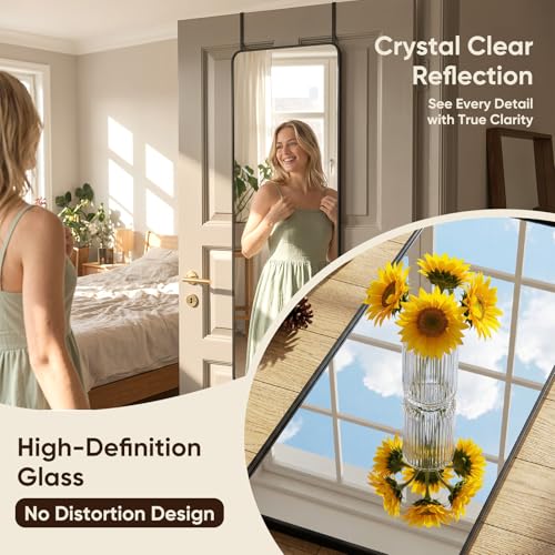Image of Antok 48 inchx14 inch Over the Door Mirror, Full Length Mirror Door Hanging with Aluminum Metal Frame, Rectangle Wall Mounted Body Mirrors for Bedroom, No-Drill Space Saving Dressing Mirrors, Black