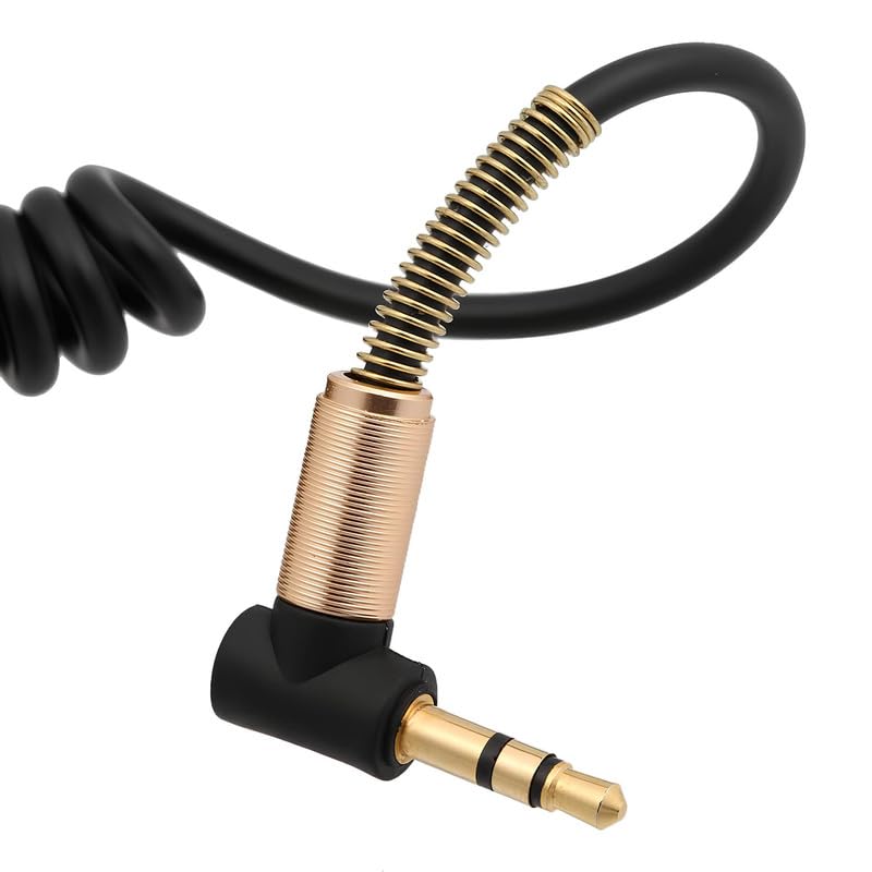 Image of skysia 3.5mm AUX Cable - Spiral Spring Male-to-Male Audio Cord with 90 Right Angle Jack, Stretchable & Tangle-Free Steel Spring Design for Car, Headphones & Speakers (Black, Pack of 1)