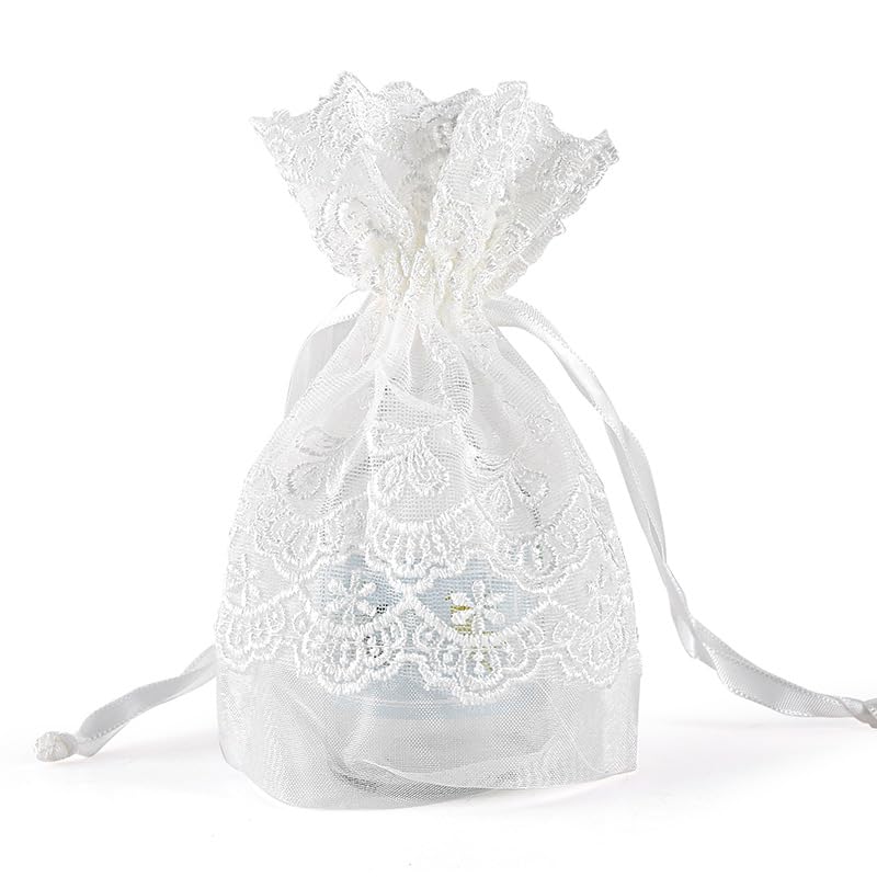 50PCS Lace embroidery gift bagsOrganza Gift Bags Lace Organza Drawstring Bags for Wedding Party Favors Supplies Bridal Shower Baby Shower Jewelry Pouches White