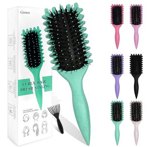 Sularpek Curly Hair Brush - Boar Bristle Curl Defining Styling Brush for Detangling Shaping and Defining Curls for Women and Men (Green)