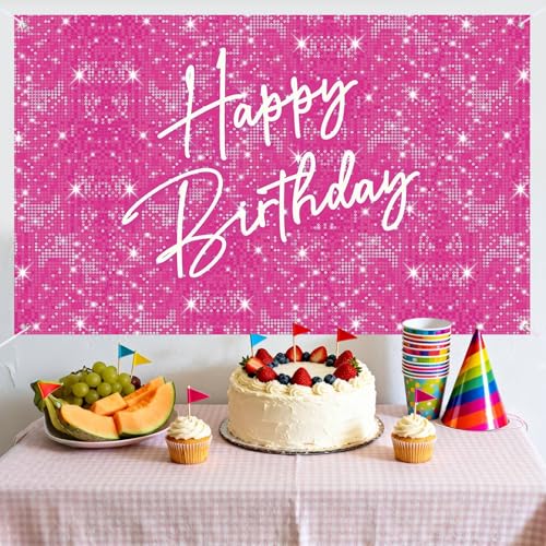 Image of Glitter Happy Birthday Backdrop Banner, Pink Birthdays Banner Backdrop, Happy Birthday Party Decoration Yard Sign Background for Girl Women Birthdays Party Indoor Outdoor Decorations