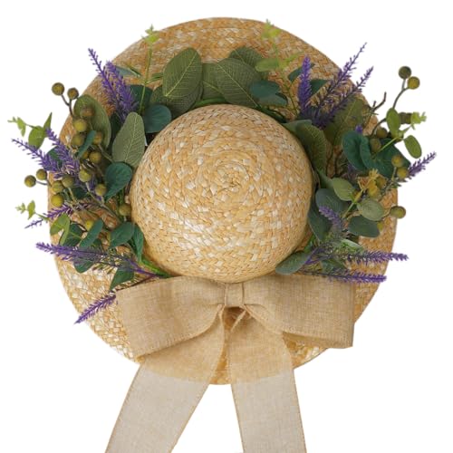 Dilicoming Spring Eucalyptus Wreaths for Front Door 16 Inch Summer Fall Straw Hat Wreath with Neutral Bow Indoor Outdoor Wreaths for Wall Window Farmhouse Party Easter Holiday Home Decor