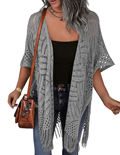 Image of HOTOUCH Womens Knit Cardigan Open Front Outwear Hollow Out Crochet Tassel Lightweight Kimonos Sweater S-XXL