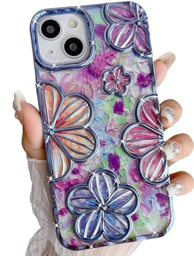 mobistyle Designed for iPhone 15 Cover| Electroplating Bling Colourful Floral 3D TPU Camera Protection Back Cover Case for Women Girls (Blue)- Best and cheap mobile covers in India