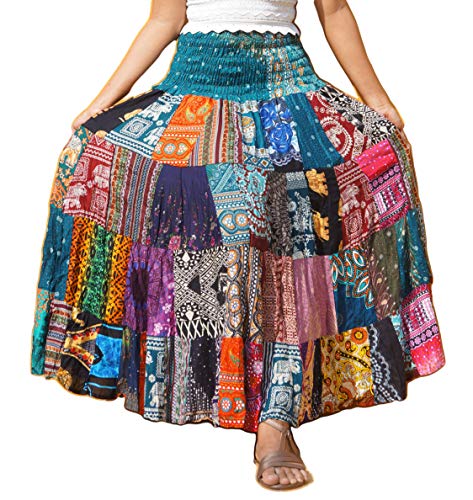 Patchwork Skirt * Long Maxi Boho Hippie * Smocked Ruched Waist * Flared Rayon