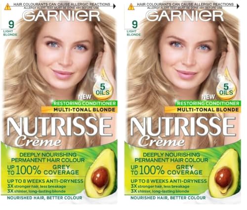 Image of Garnier Nutrisse Permanent Hair Dye, Natural-looking, hair colour result, For All Hair Types, 9 Light Blonde (Packaging may vary) (Pack of 2)