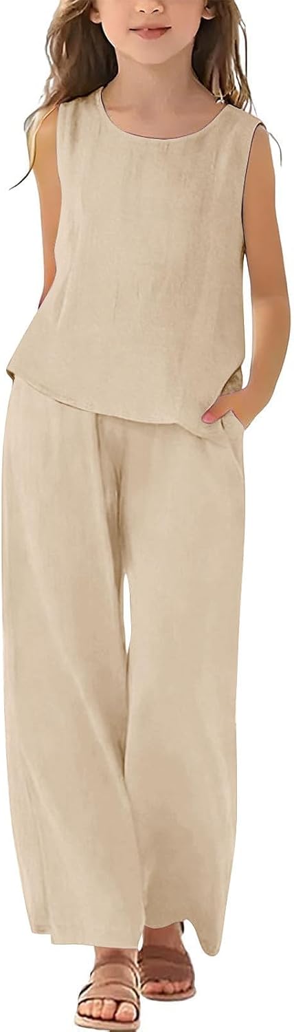 Tank Clothing Sets for Girls Sleeveless Loose Fit Tank Top Wide Leg Lightweight Long Pants Summer Spring Matching Set