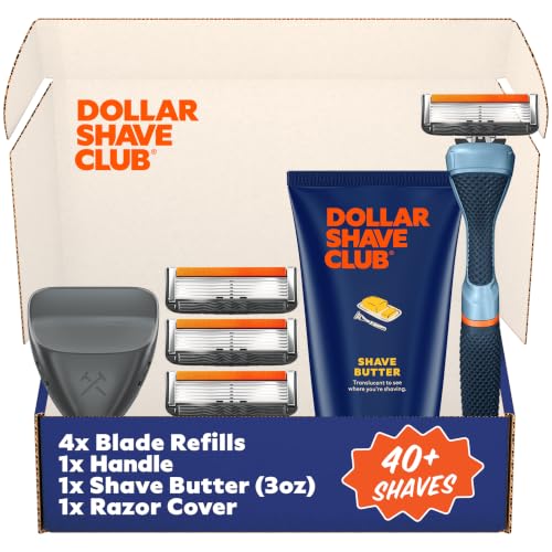 Dollar Shave Club | The Member Exclusive Shave Set | 4 Extra Close Refill Cartridges, 1 Handle (Blue), 1 Shave Butter 3 ounce, 1 Razor Cover, Razors for Men