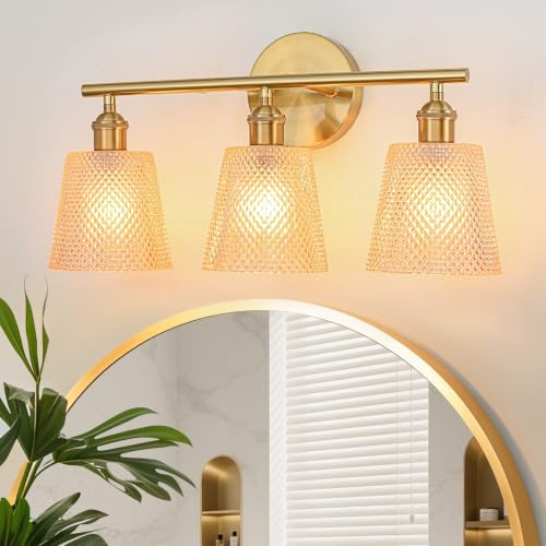Image of Bathroom Light Fixtures, 3-Light Gold Bathroom Vanity Lights Over Mirror