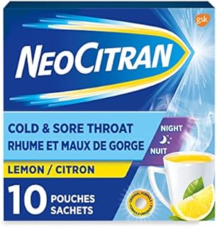 NeoCitran Cold & Sore Throat for Nighttime Relief, Lemon, 10 Count