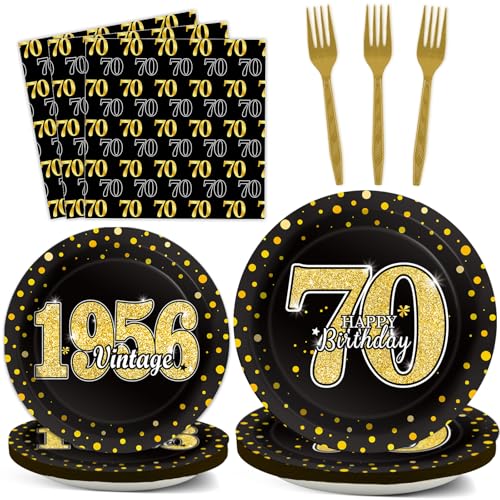 Image of 96PCS 70th Theme Birthday Party Tableware Vintage 1956 Party Supplies 70 Year Old Birthday Decorations Plates Napkins Forks Black and Gold Dinnerware Favors for Men or Women