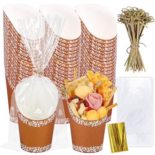 FYSUIMU 50Pcs Cielito Lindo Cups with 50 Clear Bags & 100 Sticks 50 Twist Ties Mexicanas Cielito Lindo Party Favor 14oz Fall Fiesta Brown French Fries Cups for Birthday Wedding Party Supplies
