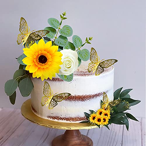 23 Pcs Sunflower Rose Flower Butterfly Cake Toppers And Eucalyptus Leaves Cake Decorations For Birthday Wedding Baby Shower Sunflower Party Supplies #TOP4
