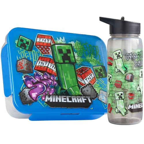 Get Trend Minecraft Brotdose Kinder & 640ml Trinkflasche Set 1 75L Snackbox mit Fächern Spülmaschinenfest & Mikrowellengeeignet BPA Frei Bento Lunchbox für Schule & Freizeit (Multi Minecraft)