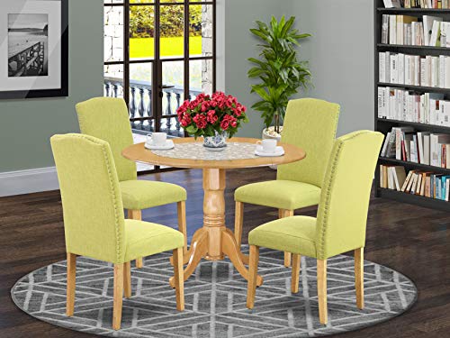 Dublin 5 Piece Kitchen Set Includes a Round Table with Dropleaf and 4 Limelight Linen Fabric Parson Dining Chairs, 42x42 Inch - East West Furniture DLEN5-OAK-07