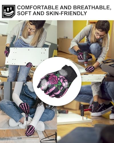 RIGWARL Motorcycle Gloves Women Touchscreen, Breathable Pink Skeleton Bike Glove Non-Slip, Designed Riding Gloves Motorcycle Women Full Finger for Mountain Bike Cycling Hiking ATV MTB Gloves, X-Small