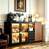 kepptory 55' Coffee Bar Cabinet with LED Lights, Wine Rack and Adjustable Shelves, Fluted Buffet Sideboard...