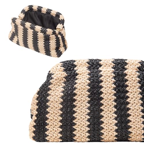 Bolsa Clutch Feminina de Crochê Artesanal | Listras Preto e Bege | Bolsa de Mão para Festa, Casamento, Formatura, Praia | Estilo Boho Chic | 25x15x8cm