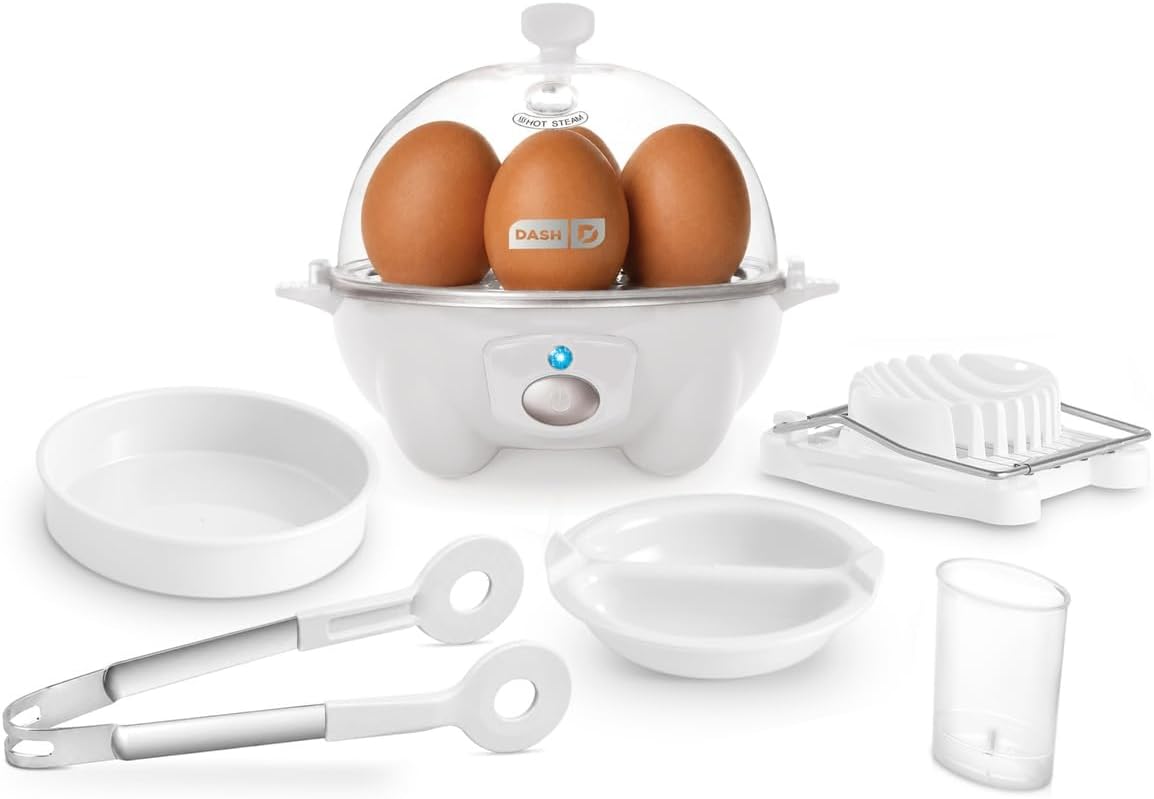 Dash Rapid Egg Cooker | Compact Poacher, Steamer, Boiler and Omelette Maker for Meal Prep, 7 Hard-Boiled Capacity with Auto Shut Off, Includes Egg Cutter & Tongs, Great for Dorms & Apartments, White