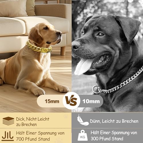 Kettenhalsband Hund, Goldenes Hundehalsband Kette Mit Metallkette, 15mm Breite Cuban Dog Collar, Rostfreier Stahl Halskette Hund mit Schnalle Für Kleine Mittlere Und Große Hunde (45cm)
