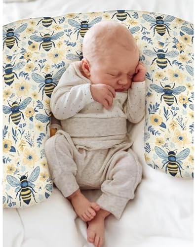 Bees Flowers Nursing Pillow Covers for Boy Girl Vintage Bees Boho Wildflowers Nursery Slipcover for Breastfeeding Pillows Bee Floral Spring Summer Soft Stretchy Removable Covers for Newborn Infant — 사진 4