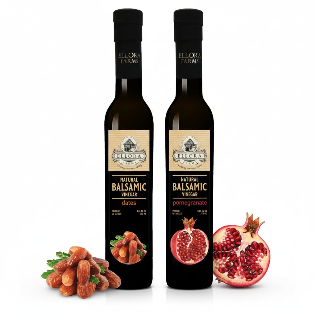Ellora Farms, Combo Pack Fresh Pomegranate and Date Syrup Infused Thick Aged Balsamic Vinegar, All-Natural, No- Additives, No-Added Sugars, Italian Dark Glass Bottles, Pack of 2