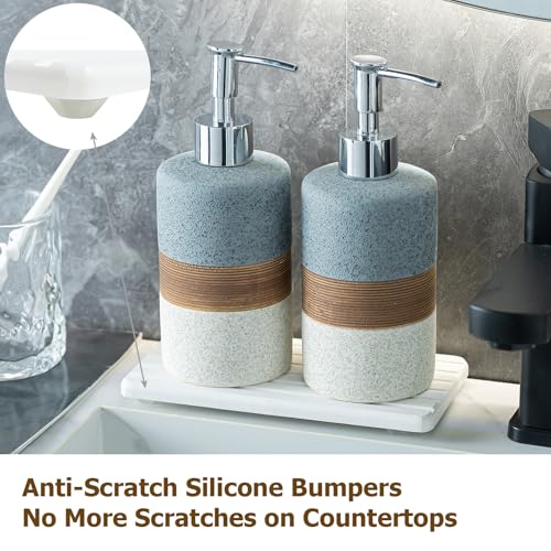 Image of Ceramic Soap Dispenser Set of 2, Hand and Dish Soap Dispenser Set | Shower Shampoo Soap Dispenser for Bathroom, Kitchen | Stainless Steel Pump, Silicone Funnel and Diatomaceous Tray, 12 oz Gray