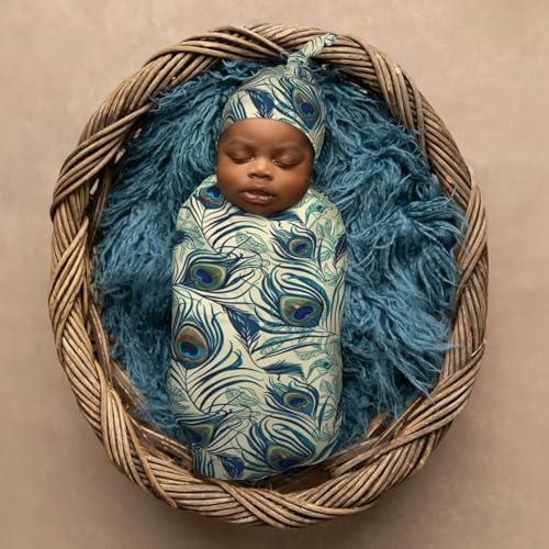 Image of Peacock Feather Newborn Swaddle Blankets Hat Sets Soft Baby Receiving Blanket Swaddle Sack for Baby Shower Infant Boy Girl Gift