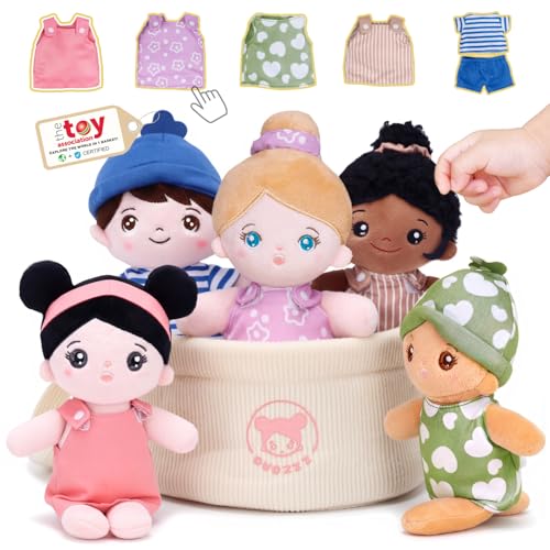 OUOZZZ Soft Baby Dolls – Set of 5 Multicultural 8.8″ Plush Dolls in Basket | Diversity Ethnic Snuggle Toys for Toddlers, Preschool, Daycare & Home