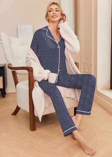 Image of Ekouaer Pajamas Women's Long Sleeve Sleepwear Soft Button Down Loungewear Pjs Lounge Set Nightwear,Navy With White Dots,Small