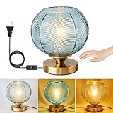 Mid-Century Modern Green Glass Table Lamp 3 Brightness Levels Dimmable Touch Control Desk Lights with Plug in Cord On/Off Switch, Globe Decor Nightstand Lamps For Bedroom Living Room Office (Green)