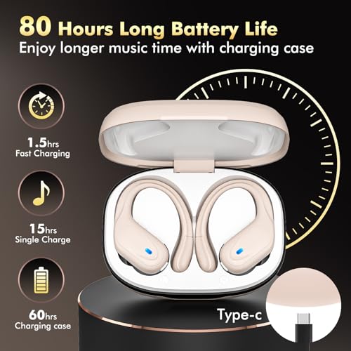 Image of HAOYUYAN Wireless Earbuds, Sports Bluetooth Headphones, 80Hrs Playtime Ear Buds with LED Power Display, Noise Canceling Headset, IPX7 Waterproof Earphones for Workout /Running (Camel)