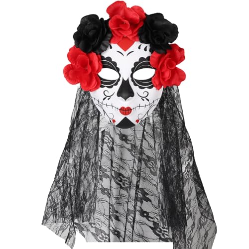 ZDQC Dia de Los Muertos Maske mit Schleier,Tag Der Toten Maske,Halloween Kostüm,Accessoire Day of the Dead,Karneval Kostüm Ball Zubehör