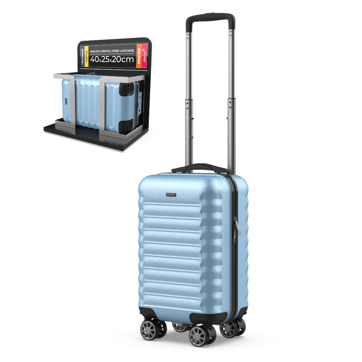NUMADA- Maleta de Viaje Cabina 40x25x20cm (20L) Upfly Underseat 16 XXS con Ruedas Desmontables. Maleta Cabina ABS Ideal como Equipaje de Mano para Ryanair, Vueling o Easyjet Azul Claro