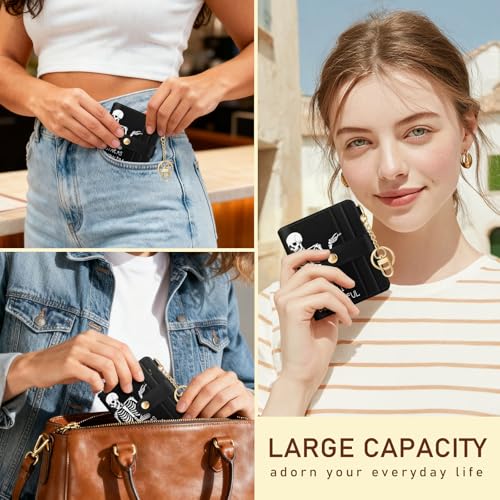Image of Jogjam Rfid Women Wallet, Small Slim Thin Credit Card Wallet, PU Leather Bifold Cash Wallet, Zipper Coin Pocket & ID Window, Female Ladies Teen Girls Girly Gifts, Funny Skull Skeleton, Modern