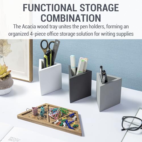 Image of MyGift Modern Concrete Desk Organizer Set with 3 Triangular Gray-Tone Pen Holders and Acacia Wood Tray, 4-Piece Office Storage Solution for Pens, Pencils, and Supplies
