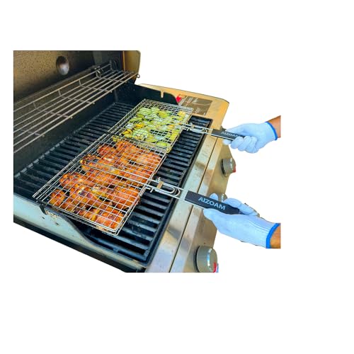 Grill Basket AIZOAM Grill Basket Stainless Steel BBQ Grilling Basket Large Folding Grill Basket with Removable Handle. Grill Baskets for Outdoor Grill . Grill Accessories BBQ Accessories Grilling Gifts for Men Dad .