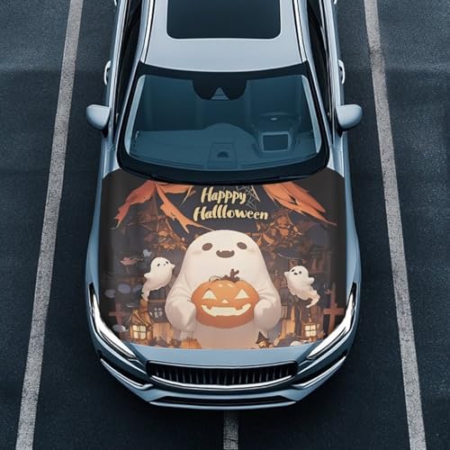 Image of Cute Ghost Car Hood Cover All Weather Protection Auto Exterior Accessories Universal Fit Hood Covers for Cars, Trucks, SUV, or Van Full Coverage Halloween Decor