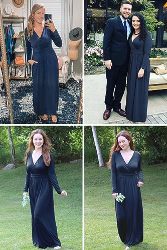 OUGES Women's Long/Short Sleeve V-Neck Wrap Waist Maxi Dress3