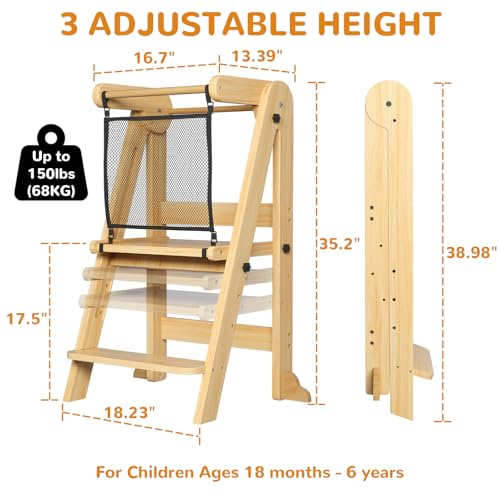 Image of ROOMTEC Foldable Toddler Kitchen Tower, 3 Adjustable Height Wooden Step Stool, Toddler Standing Tower with Safety Net (Natural Wood)