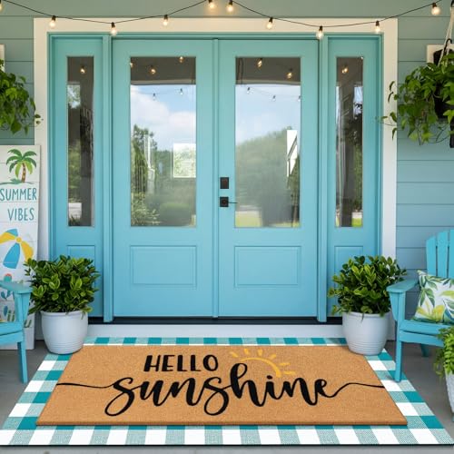 Tinideya 2 Pcs Summer Door Mat 17x47 Hello Sunshine Welcome Non Slip Coir Blue White Plaid Buffalo Mats Large Floor Layering Doormats Seasonal for Front Porch Entryway Decor(Hello Sunshine)