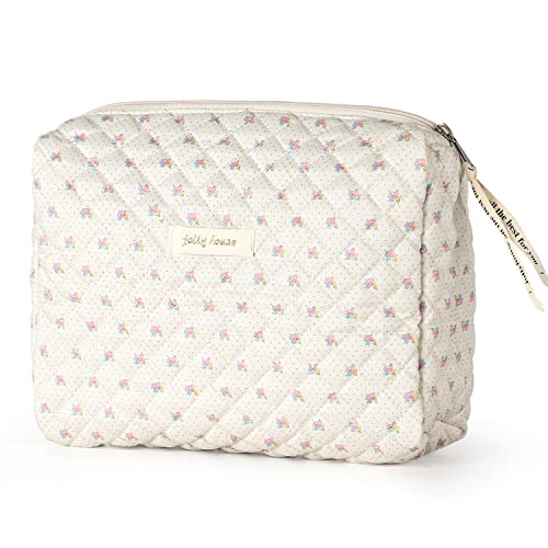 Sightor Cotton Makeup Bag, Kawaii Floral Cosmetic Bag Large Travel Toiletry Bag, Quilted Cosmetic Pouch for Women (Beige)