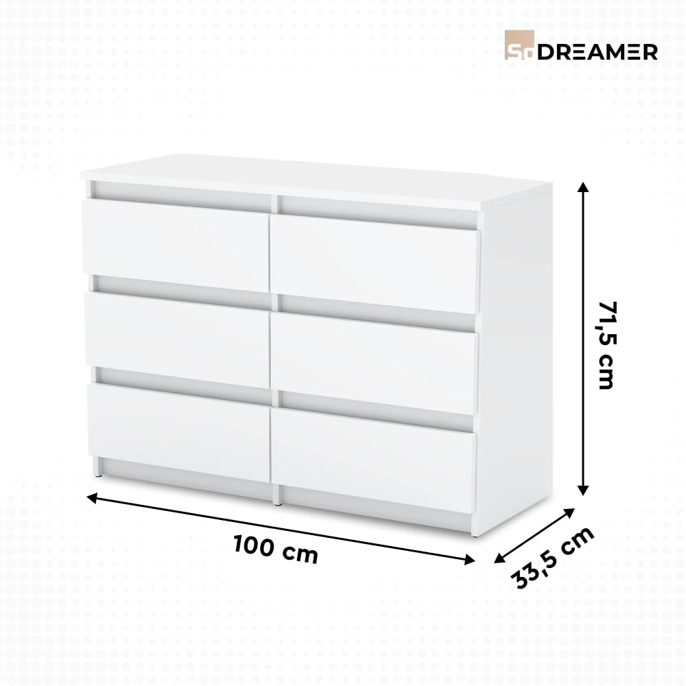 Kommode mit 6 Schubladen Weiß | 100x33x71 cm| Große geräumige Schubladenschrank | Ideal für Schlafzimmer, Wohnzimmer, Kinderzimmer und Büro