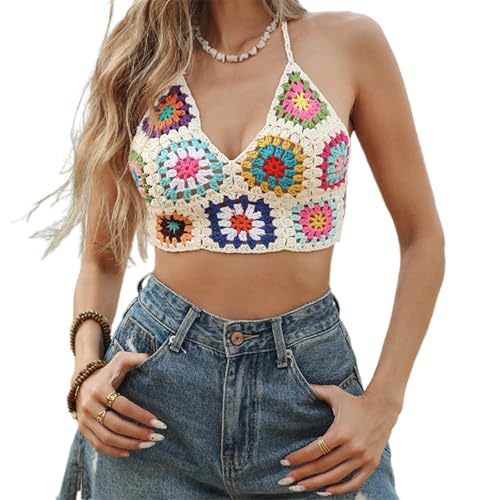 Women Y2K Boho Hollow Out Crochet Halter Crop Tops Sexy V Neck